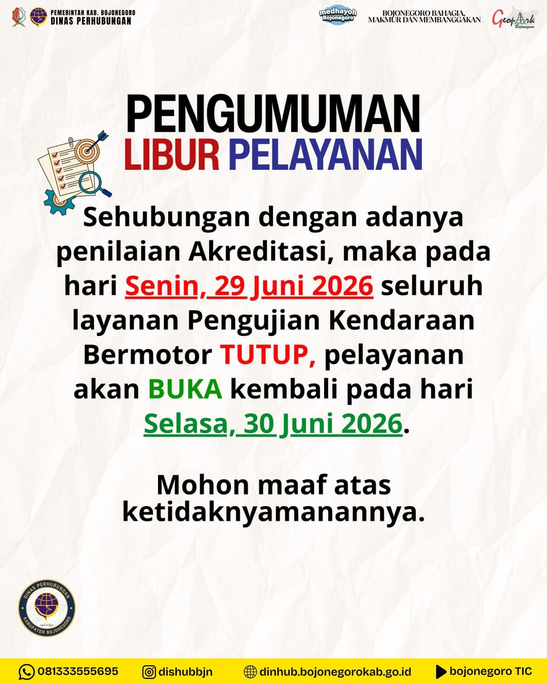 Ada Penilaian Akreditasi, Layanan Uji KIR Dishub Bojonegoro Tutup Sementara