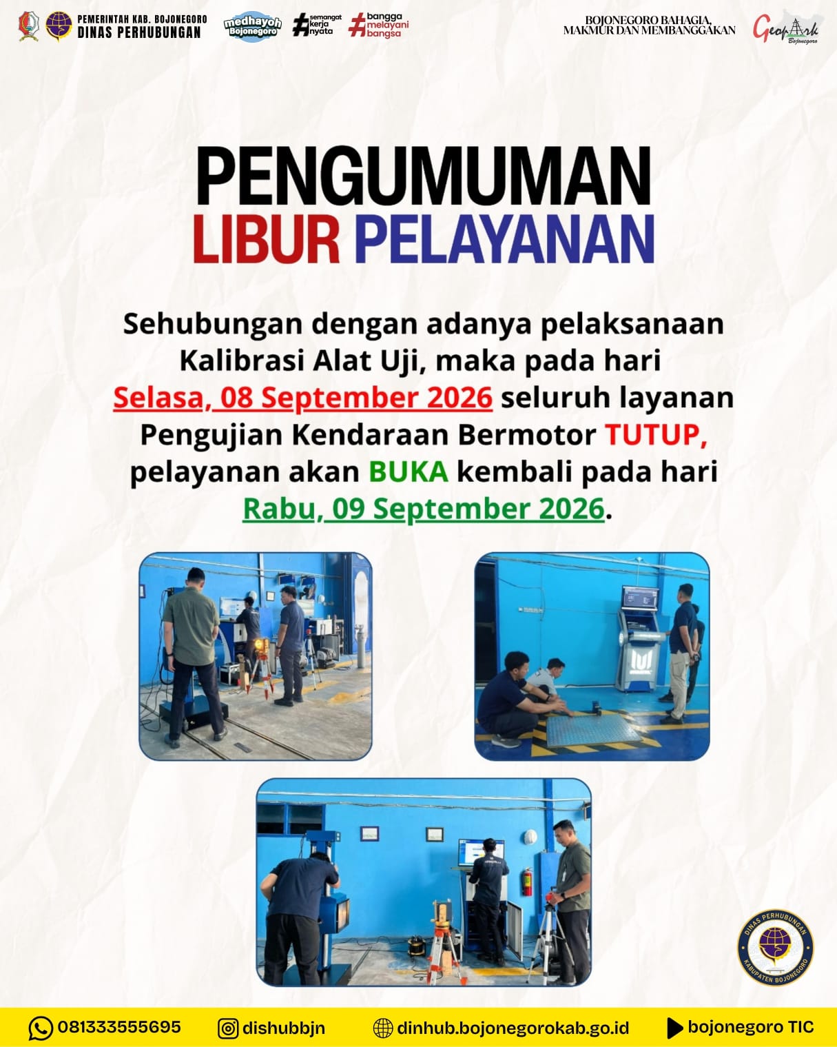 Pengumuman: Layanan Uji KIR Dishub Bojonegoro Tutup Sementara pada 8 September 2026