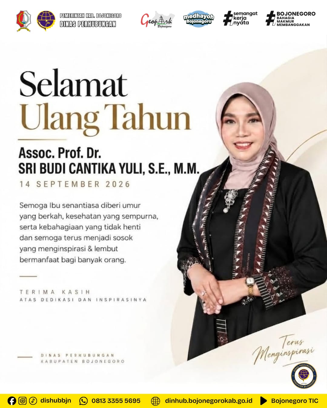 Keluarga Besar Dishub Ucapkan Selamat Ulang Tahun untuk Ibu Sri Budi Cantika Yuli, S.E., M.M.