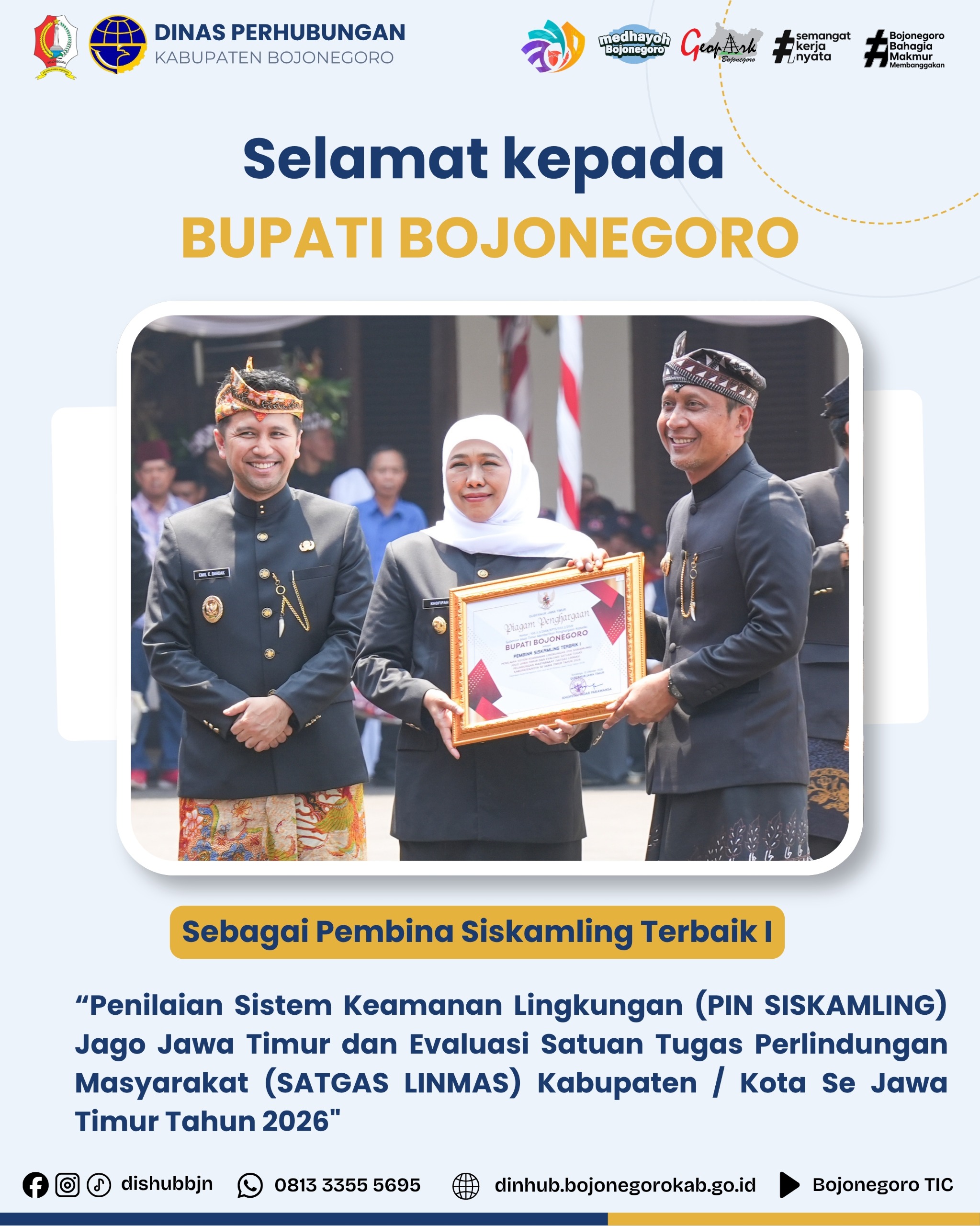 Selamat Bupati Bojonegoro Raih Penghargaan Pembina Siskamling Terbaik I Se-Jawa Timur 2026